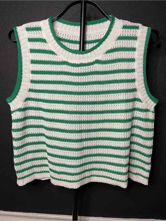 Tops - Striped Knit Sleeveless Sweater Vest in White and Green